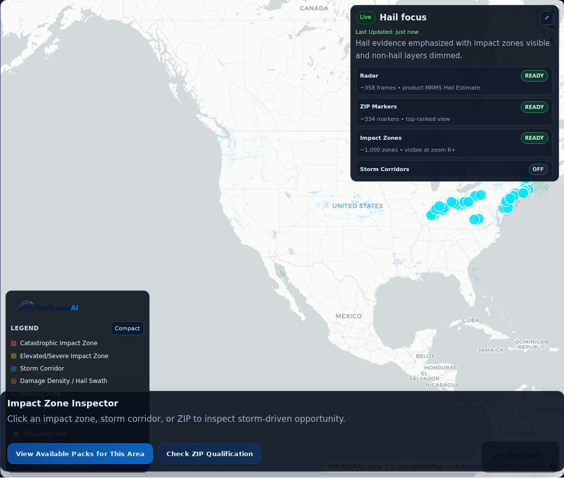 RoofLeadsAI storm intelligence map hail snapshot