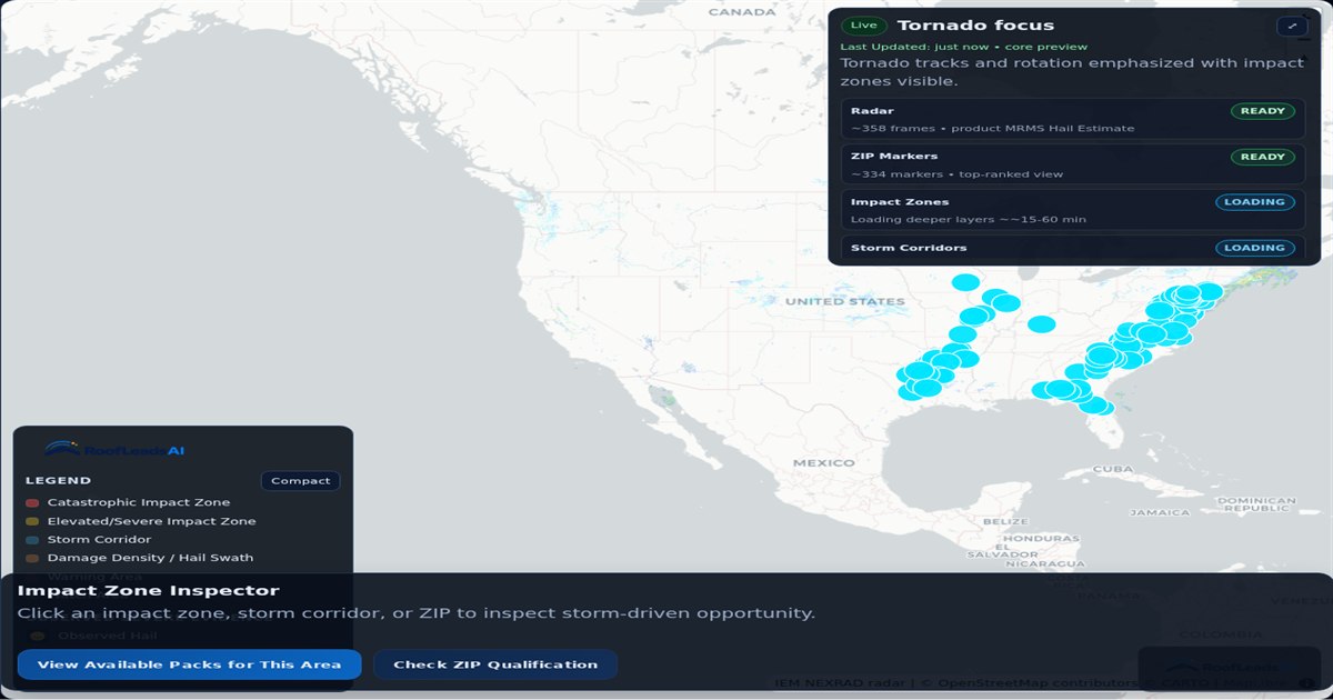RoofLeadsAI tornado evidence map showing source-labeled storm territories