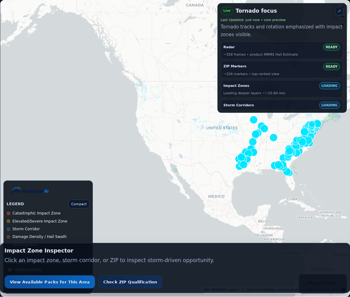 RoofLeadsAI storm intelligence map tornado snapshot